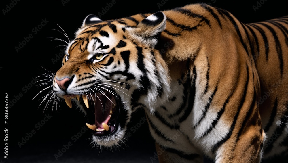 Obraz premium Tiger in attack pose displaying teeth against a dark backdrop
