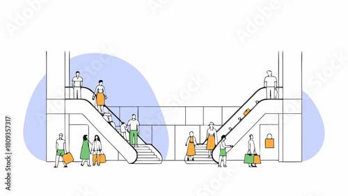 Illustration of people using escalators in a shopping mall with shopping bags and minimalist design