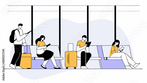 People waiting with luggage at a station using mobile devices and digital tablets near window area