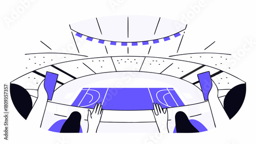 Illustration of a basketball court from a high angle view in a stadium with spectators hands visible