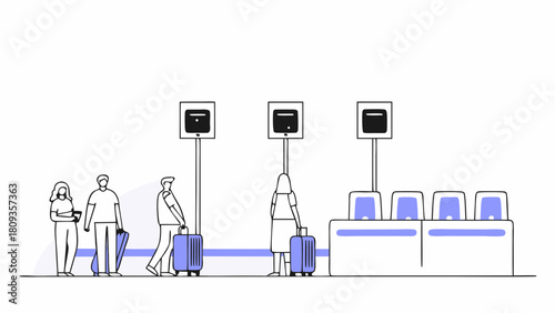 Passengers waiting in line at airport check in with luggage and monitors above the counter area shown
