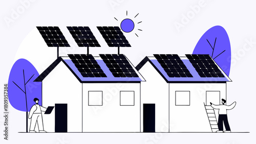 Illustration showing houses fitted with solar panels and workers installing or maintaining them on a sunny day
