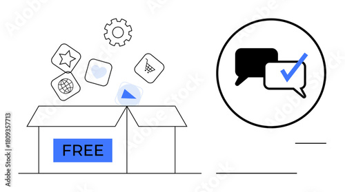 Box labeled FREE releasing app icons for shopping, media, and tools. Chat icons with check mark represent trust. Ideal for software, services, tech, communication security trust minimalism. Simple