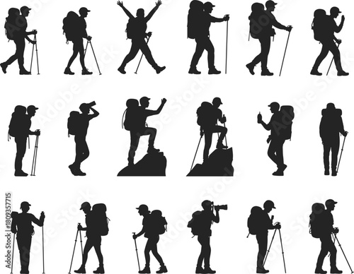 Hiker silhouettes with backpack and trekking poles exploring mountain trail, set of black male and female tourists walking, climbing, and celebrating on white background.
