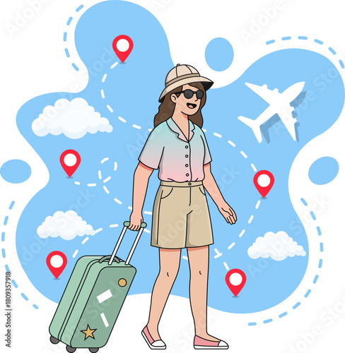 tourist with luggage travel vacation tour traveling summer holiday journey concept Isolated flat vector template design