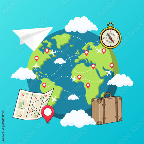 traveling around the world holiday journey destination point cloudy sunshine time to travel vector illustration.eps