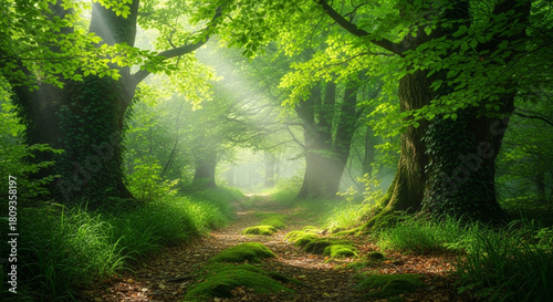 Mystical light rays pierce serene green forest path with trees