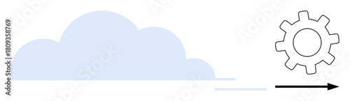 Blue cloud, gear, and forward arrow representing data processing, technology, and innovation. Ideal for cloud computing, automation, workflow data transfer speed efficiency and innovation. Clean