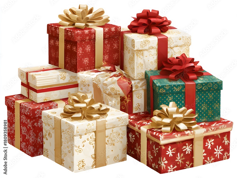 Obraz premium A stack of Christmas gift boxes wrapped with ribbons and patterns