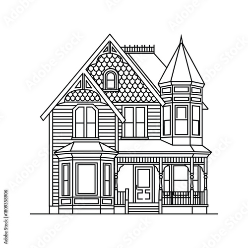 Detailed line art illustration of a victorian style house isolated on, showcasing architectural details