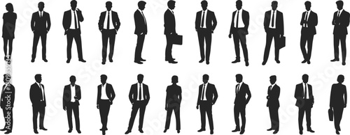 Set of diverse business professional silhouettes, black vector image of men and women in formal suits standing and posing for corporate design, isolated on white background.