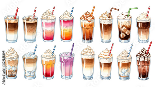 An illustrated collection of various iced coffee drinks in glasses with whipped cream, toppings, and colorful straws.