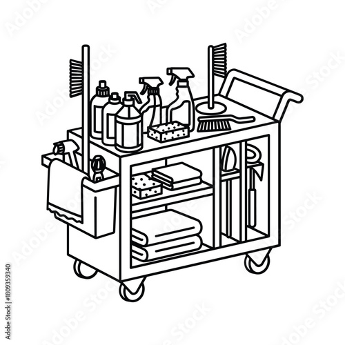 Janitorial cleaning cart with sprays, brushes, and towels, isolated on