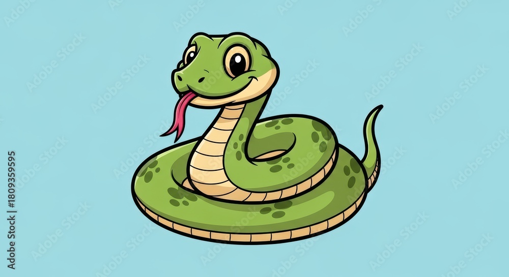 Naklejka premium Smiling cartoon green snake with stripes on blue background