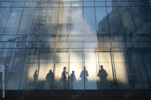 Silhouettes of people in front of reflective windows on a modern building. Sunlight