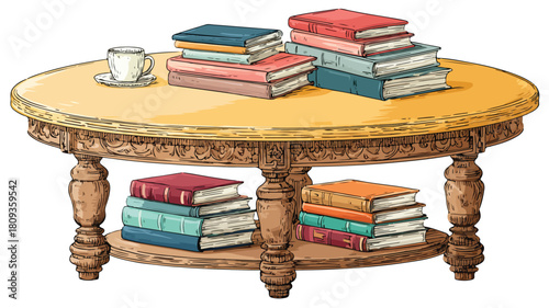 Elegant Round Table with Books on White Background Vector