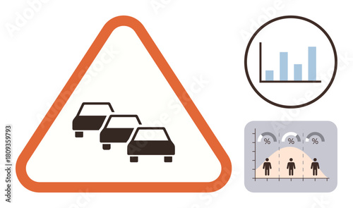 Cars in congestion warning sign, bar graph, population density chart. Ideal for transportation, urban planning, road safety, mobility analysis, city infrastructure, ecological impact simple flat