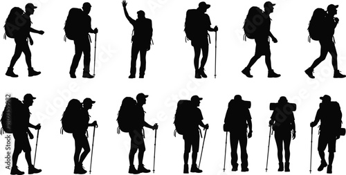 Set of hiker silhouettes with large backpacks and trekking poles, black vector image of male and female tourists walking, standing, and greeting on white background.
