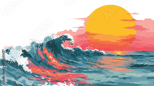 Serene Sunset Over Ocean With Wave in Foreground Vector