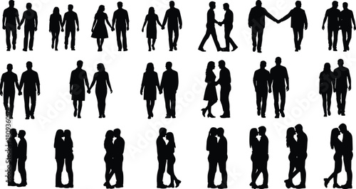 Set of diverse couple silhouettes holding hands, black vector image of romantic pairs walking, standing, and embracing, isolated on white background.
