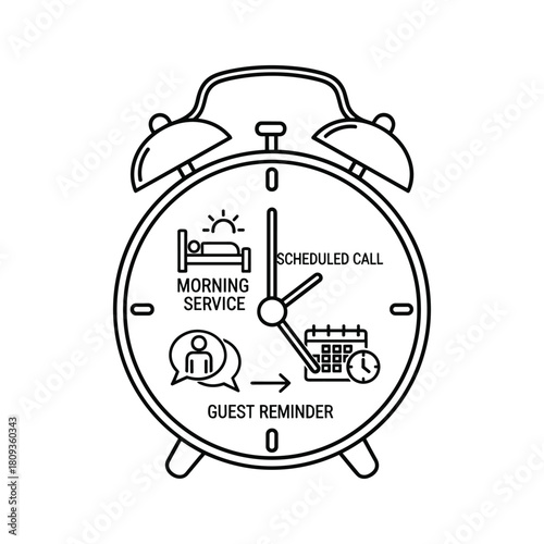 Alarm clock with icons for morning service, guest reminders, and scheduled calls, symbolizing time management and daily planning
