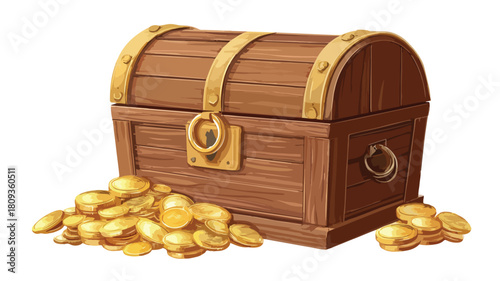 Golden Ring and Coins in Wooden Chest Vector Illustration