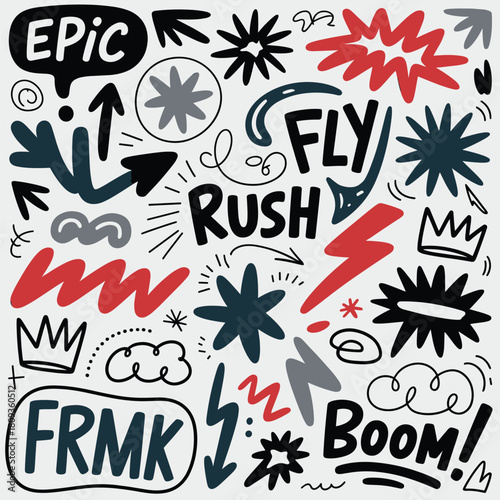 Hand drawn doodle design elements illustration with arrows stars boom fly rush epic frmk crowns and clouds