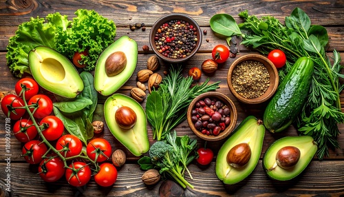 Fresh Organic Vegetables and Spices on Wooden Table.