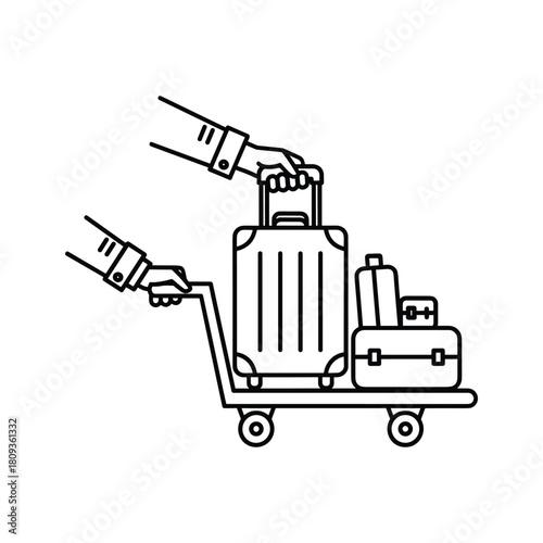Hands pushing and placing luggage on a cart, symbolizing travel, airport services, and baggage transport
