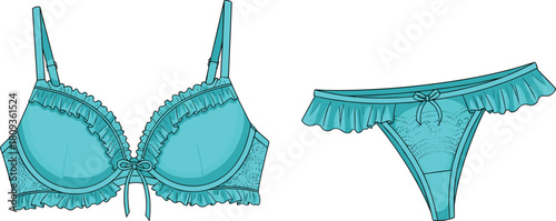 Blue women's ruffled lace lingerie set, romantic bra and thong, technical fashion drawing template, vector illustration, cad drawing flat vector illustration