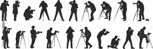 Set of photographer silhouettes, black vector image of men and women taking photos with camera and tripod in various standing and kneeling poses, isolated on white background.