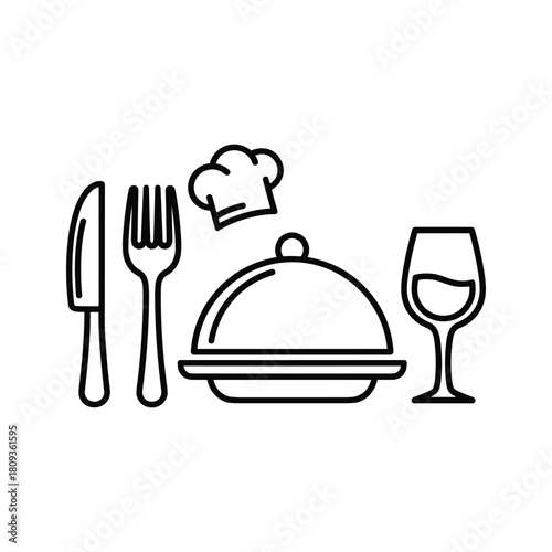 Line art illustration of dining elements including a knife, fork, chef hat, food cloche, and wine glass