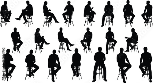 Set of people sitting on bar stools, black vector silhouettes of men and women casually seated in various poses, isolated on white background.