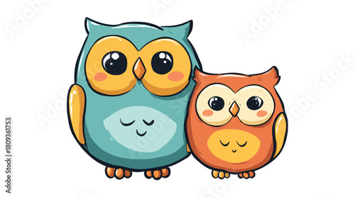 Cute Kawaii Owl and Baby Cartoon Character in Colorful Design