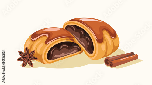 Delicious Chocolate Croissant Slices with Anise Star and Cinnamon, Perfect for Spiced Flavors, Baking Concepts, Pastry Illustration, and Festive Winter Treats or Holiday Season