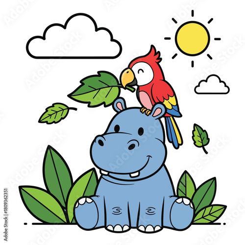 Cute Cartoon Hippo and Parrot Friends in Nature. Happy Blue Hippopotamus Sitting with Colorful Bird Perched on Head Holding Leaf under Sun for Kids Design Vector Illustration.
