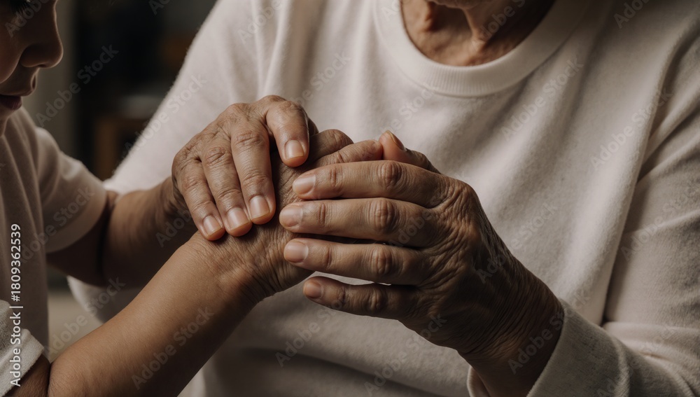 Fototapeta premium A childs hand held by a grandmother expressing motherly love and care through the touch of their old brown hands