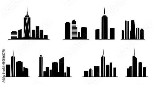 A minimalist collection of monochromatic cityscape icons consisting of nine sleek black skyscraper silhouettes with subtle white highlights, neatly aligned in a precise grid pattern, reminiscent of gr