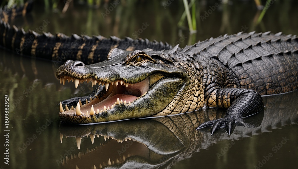 Obraz premium Showcase a fierce crocodile with scaly skin and sharp teeth displaying its powerful jaws in a swamp