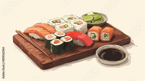 Delicious Assorted Sushi and Maki Platter Presentation on Wooden Board with Soy Sauce