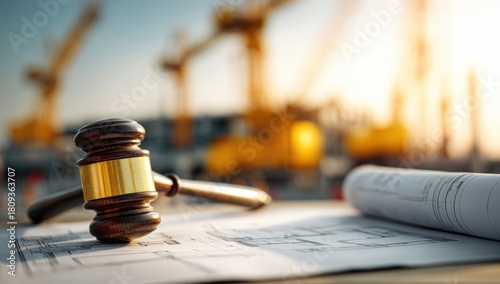 Gavel and blueprints on a table, cranes in background