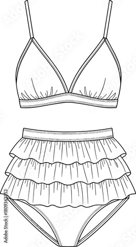 Ruffled high-waisted bikini set outline, triangle bra top and tiered brief, technical fashion flat sketch template, vector, cad drawing flat vector illustration