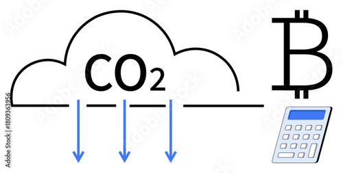 CO2 cloud with downward arrows, Bitcoin symbol, and calculator representing sustainability, carbon footprint, emissions reduction, cryptocurrency impact, financial analysis, green technology, simple