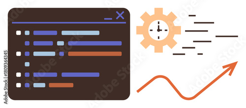 Code editor, gear with clock, speed lines, and upward arrow indicating productivity, time management, and progress. Ideal for technology, software development, project management programming