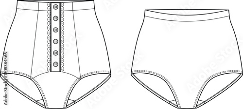 Uncolored high-waisted briefs set outline, button lace detail and basic style, vintage underwear technical flat sketch template, cad drawing flat vector illustration