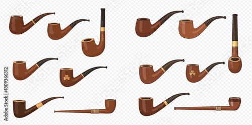 Collection of classic wooden smoking pipes in various shapes and designs, including some with shamrock details, on a transparent background.