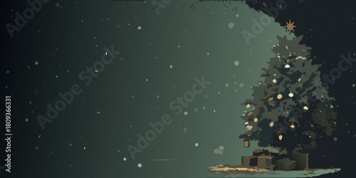 Stylized christmas tree with gifts and snowfall in a dark moody setting