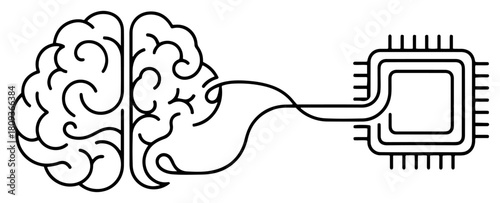 Human Brain and AI Microchip Connection Line Art Vector