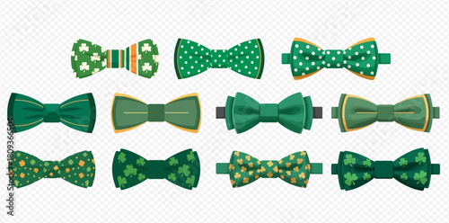 A collection of various green bow ties with different patterns including shamrocks, polka dots, and stripes, suitable for festive occasions.