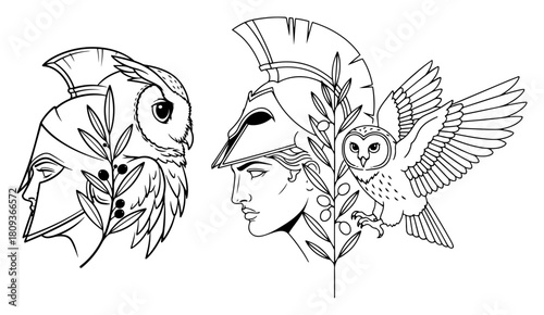 Greek Goddess Athena with Owl Line Art